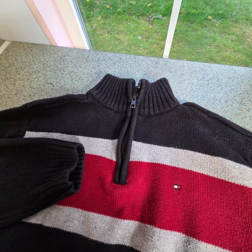 Tommy Hilfiger Kids Quarter Zip Striped Sweater Size M 12/14 Navy Red Grey